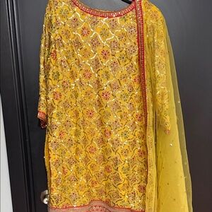 Yellow and pink sparkly Embroidered salwar kameez haldi or Eid outfit